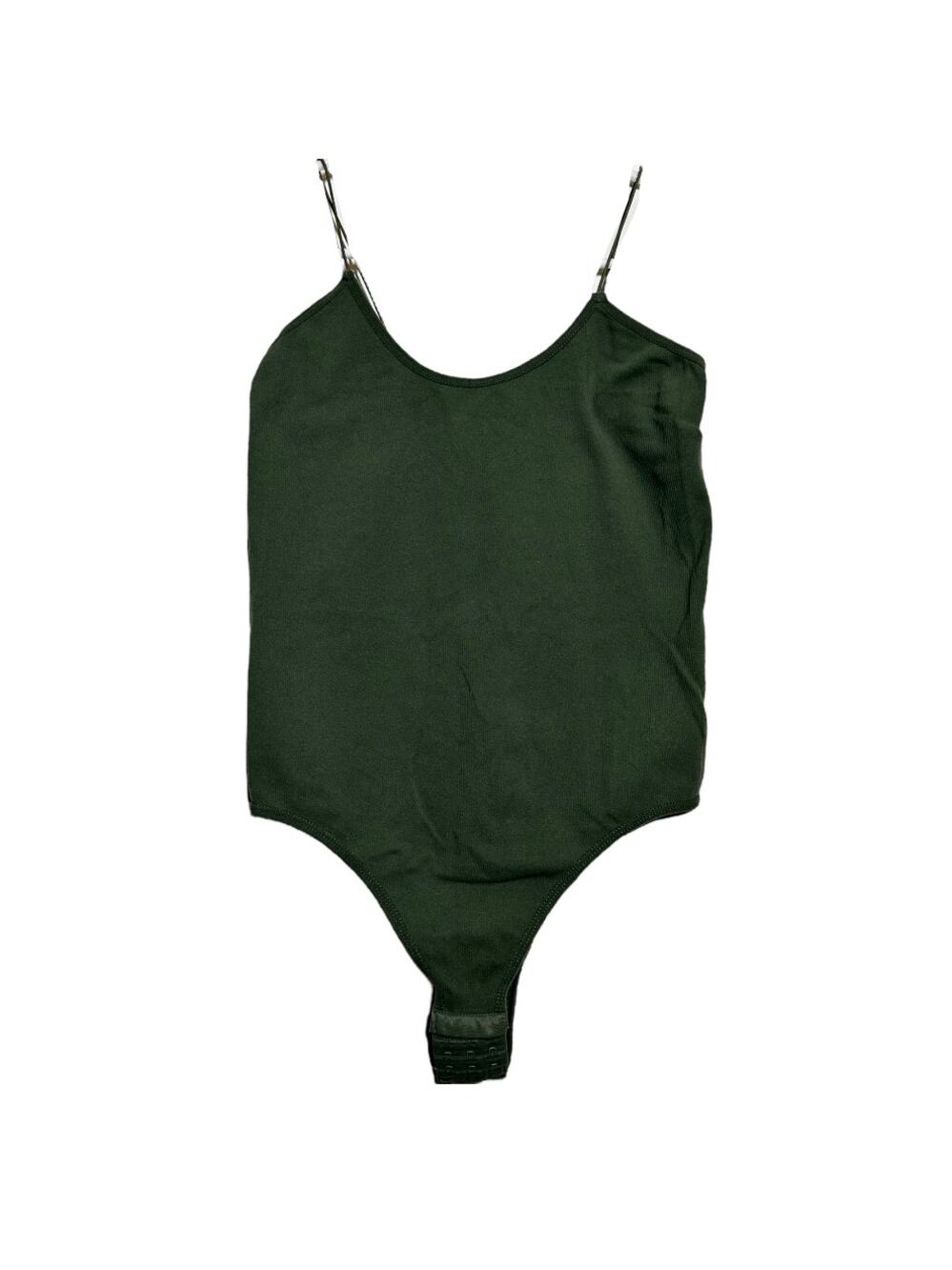 Madrag Bodysuit Ribbed Spaghetti Strap Scoop Hook & Eye Olive Green M/L